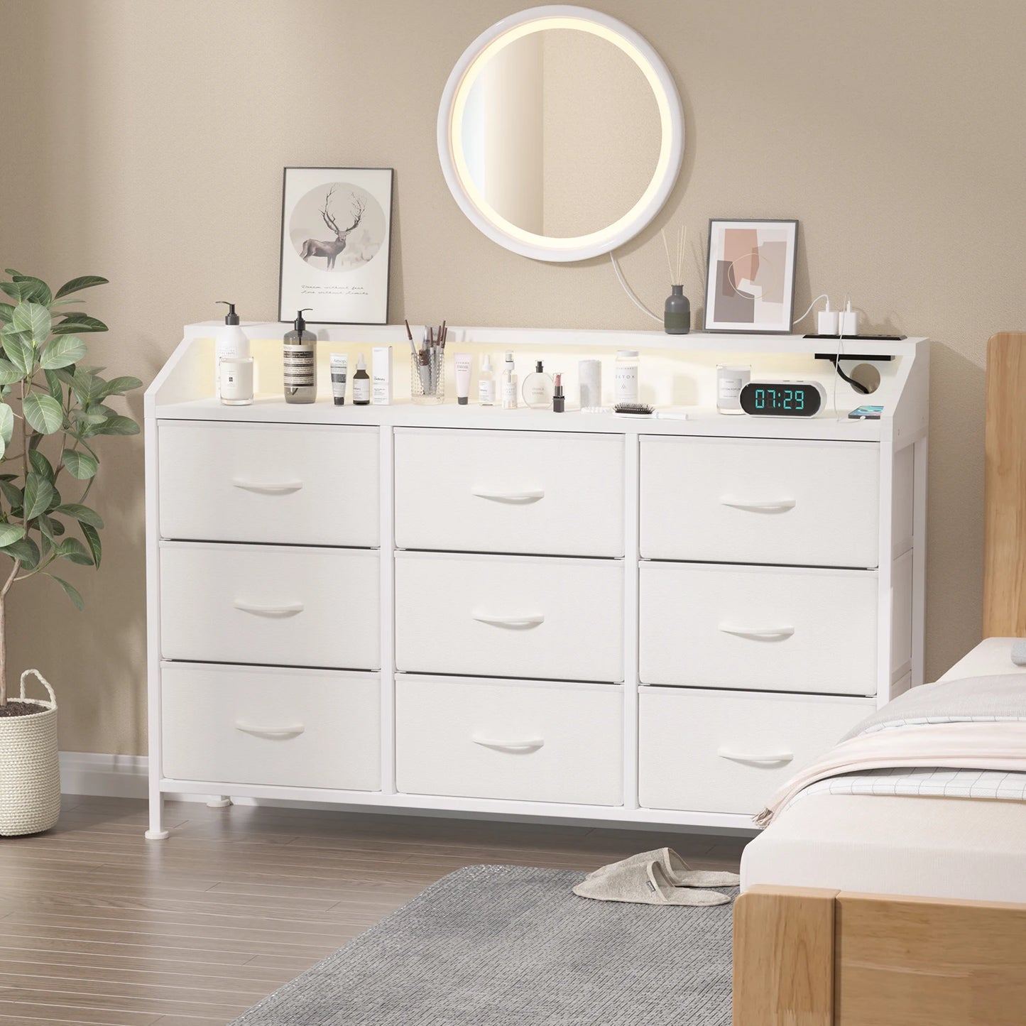 Dresser for Bedroom, 9 Drawers Dresser with LED Lights & Charging Station-White