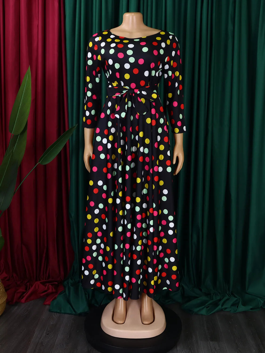 Q103 Latest Design Elegant Dresses Women Casual Temperament Lace up A-line Maxi Dresses Ladies Printed Winter Dress