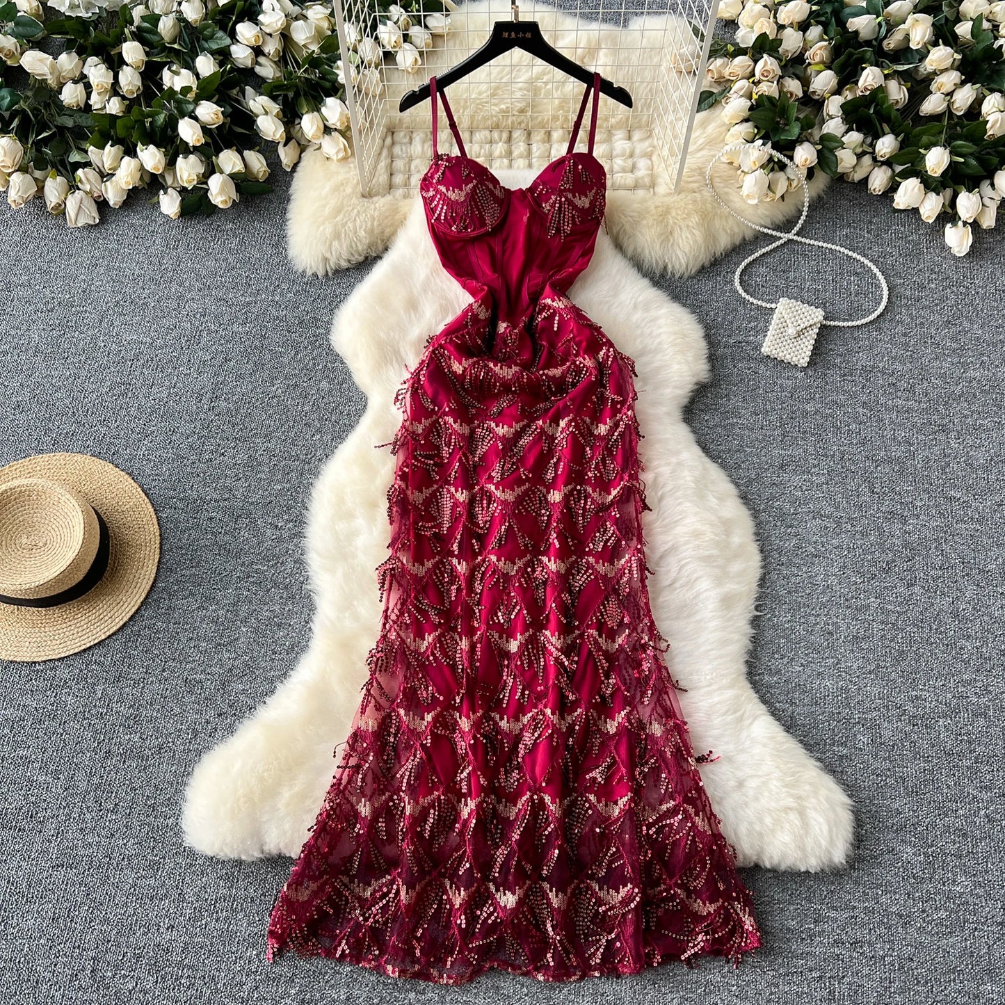 Fringe Corset Dress Strap Wave Sequin Mermaid Trumpet Evening Dresses Ladies