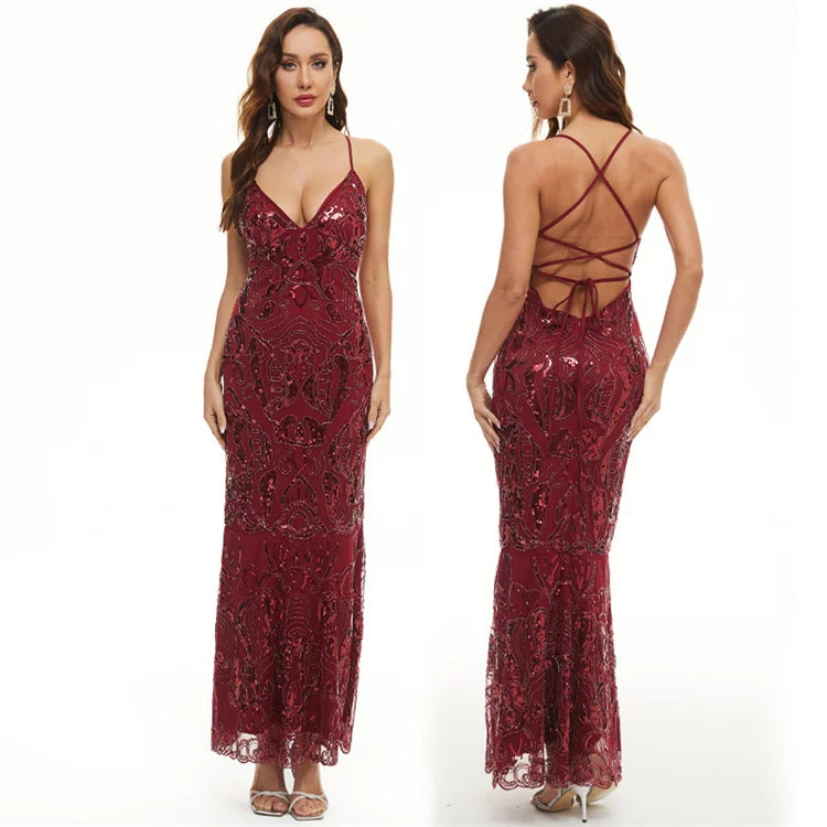 New Design Luxury Sleeveless Sexy Backless Hollow Out Halter Sequin Evening Dresses Ladies Prom Dresses Party Dress