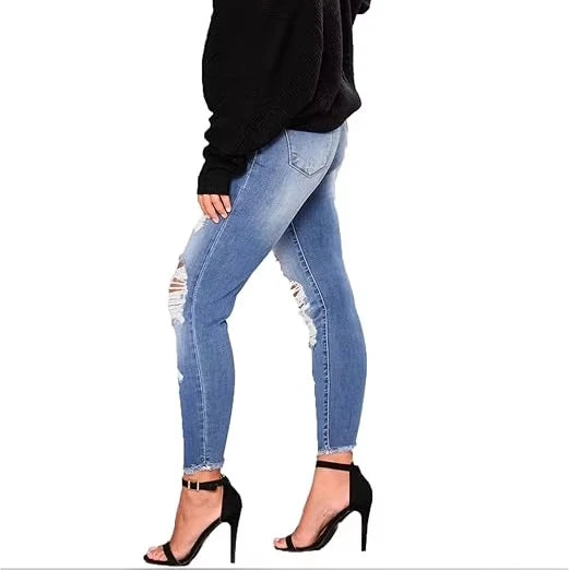 Women's Elegant Light Blue Ripped Skinny Jeans Long Legging Pencil Denim Pants with Casual Style Soft Stretchy Waist Logo