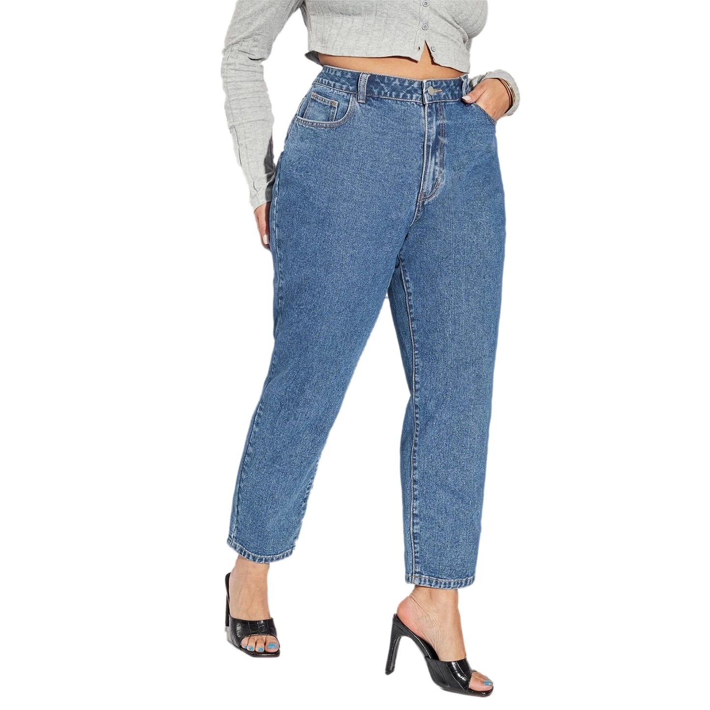 High Waist Plus Size Straight Dark Blue Full Length Jeans Pants for Women Mom Pencil Boyfriend Women's Denim Jeans Ladies Pants