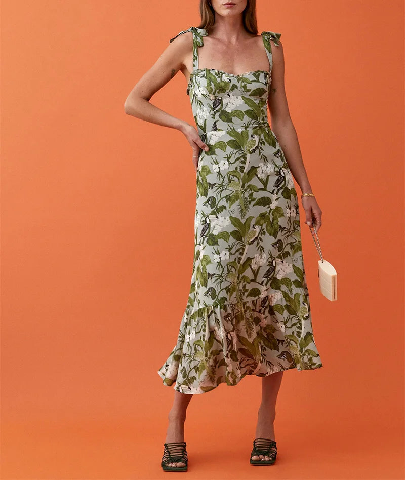Dresses For Women 2021 Party Elegant Ruffle Hem Beach Summer Dress Sweetheart Neck Tie Strap Tropical Print Chiffon Midi Dress