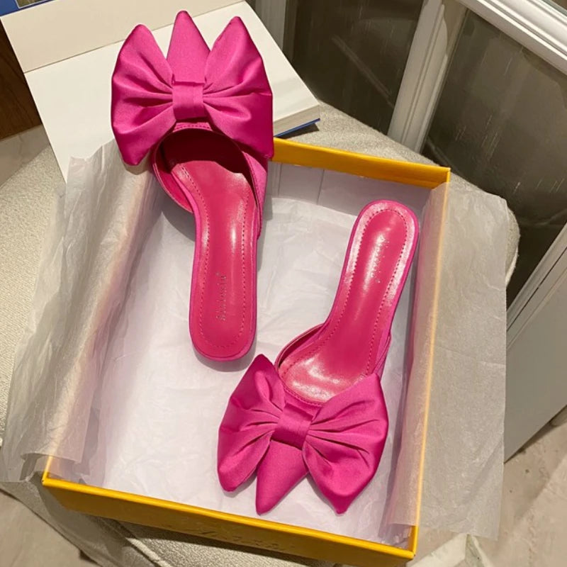 Hot Pink 2022 New Fashion Pointy Toe Silk Low Heels Sandal Women Slip on Mules