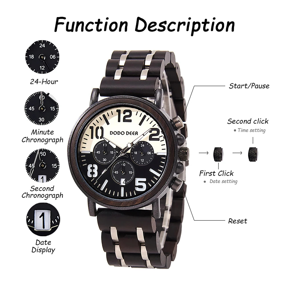 Black Sandal Wood Watch Quartz Chrono Men Wristwatch Multifunctional Stop Watch