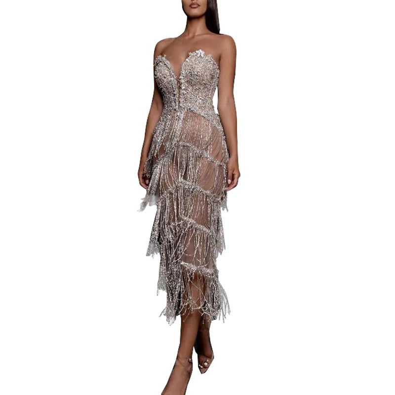 Party Dresses Women Evening Elegangt Tassel Dress Sexy Sleeveless Backless Strapless Sling Mesh Prom Fringe Sequin Dress 2021