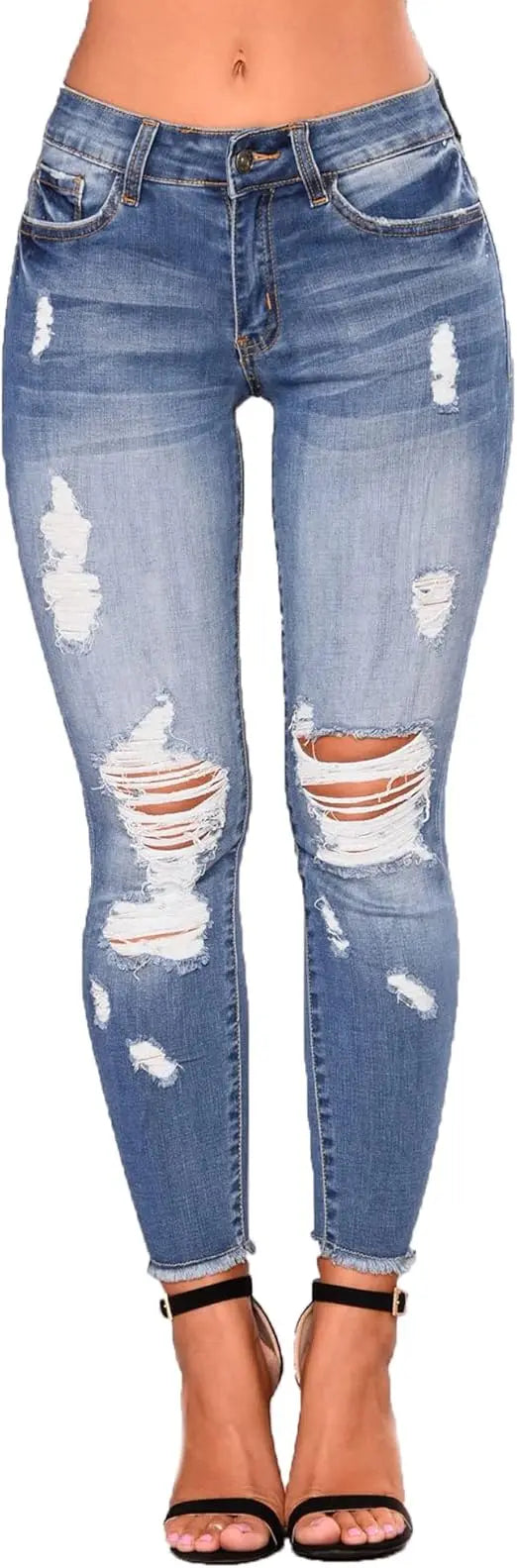 Women's Elegant Light Blue Ripped Skinny Jeans Long Legging Pencil Denim Pants with Casual Style Soft Stretchy Waist Logo