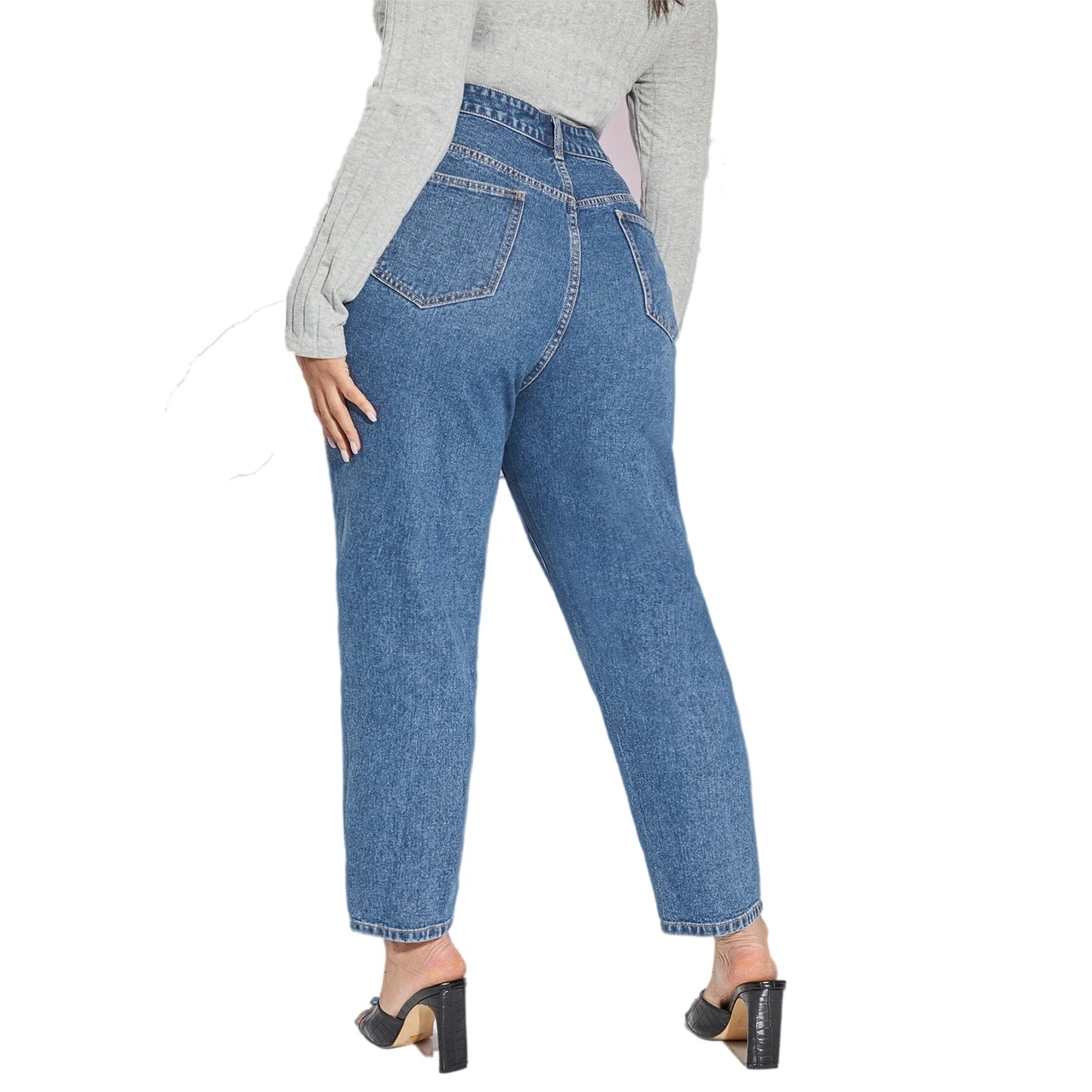 High Waist Plus Size Straight Dark Blue Full Length Jeans Pants for Women Mom Pencil Boyfriend Women's Denim Jeans Ladies Pants
