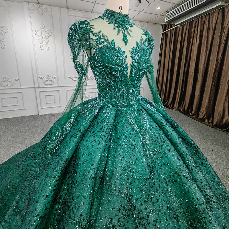 Jancember DY9940 Green High Full Sleeve Dinner Gown Evening Dresses Ladies