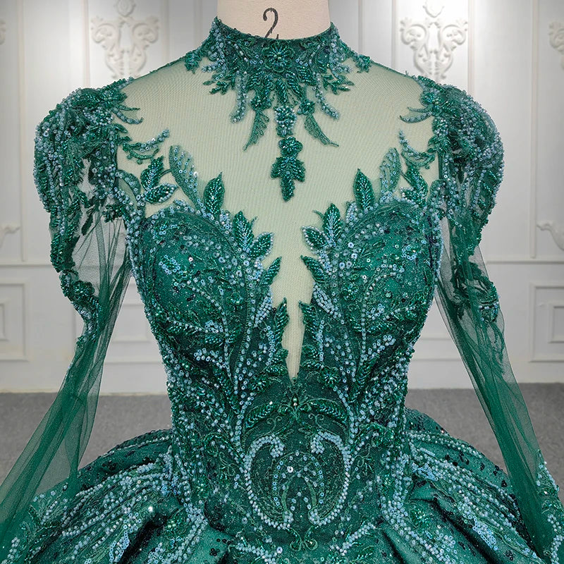 Jancember DY9940 Green High Full Sleeve Dinner Gown Evening Dresses Ladies