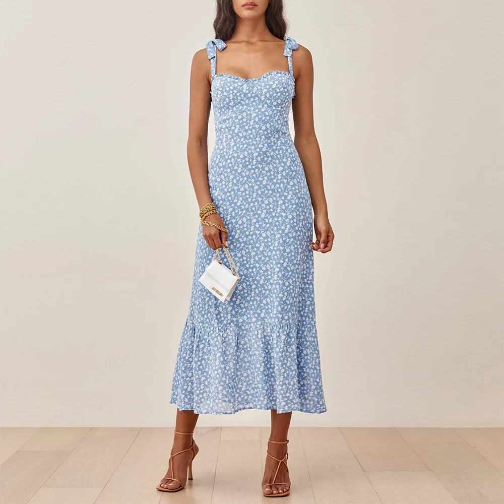 Dresses For Women 2021 Party Elegant Ruffle Hem Beach Summer Dress Sweetheart Neck Tie Strap Tropical Print Chiffon Midi Dress