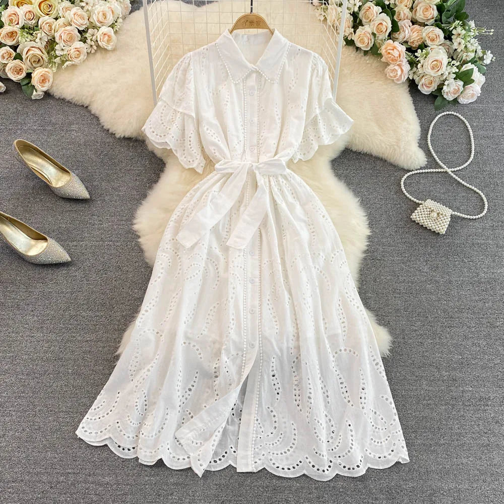 Simple Plain Turn Down Collar Short Sleeve Hollow Out Shirt Dress Women Summer Casual Tea Dresses Dresses Ladies