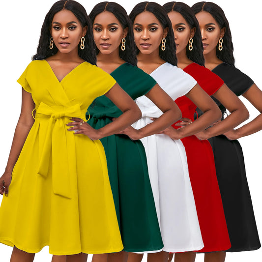 D207 Latest Design Bow Bandage Elegant Casual Dresses Ladies Office Dress Women Formal Work High Waist A-Line Evening Dresses