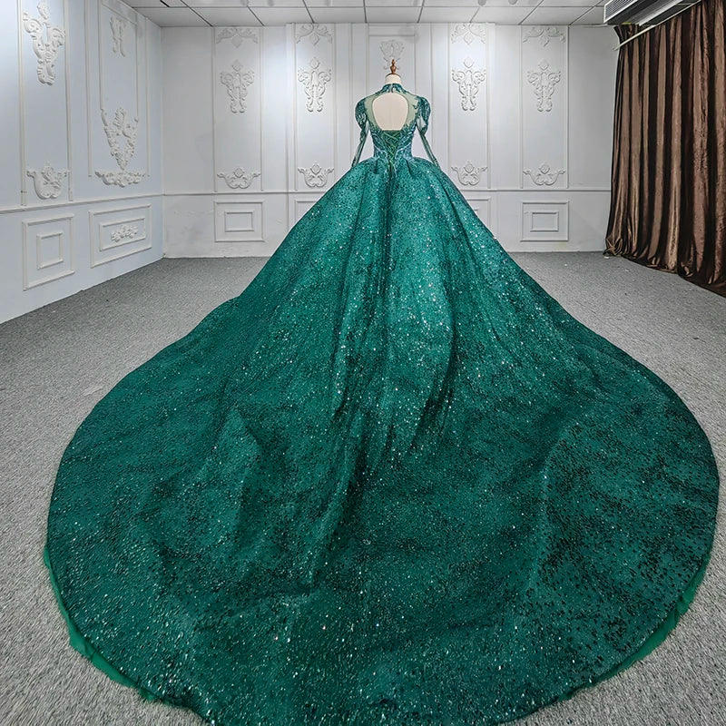 Jancember DY9940 Green High Full Sleeve Dinner Gown Evening Dresses Ladies