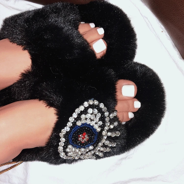 High Quality Women Shoes Glitter Sandal Women Imitation Fur Velvet Slippers Teardrop Eyes Ethnic Beaded Diamond Wool Slides
