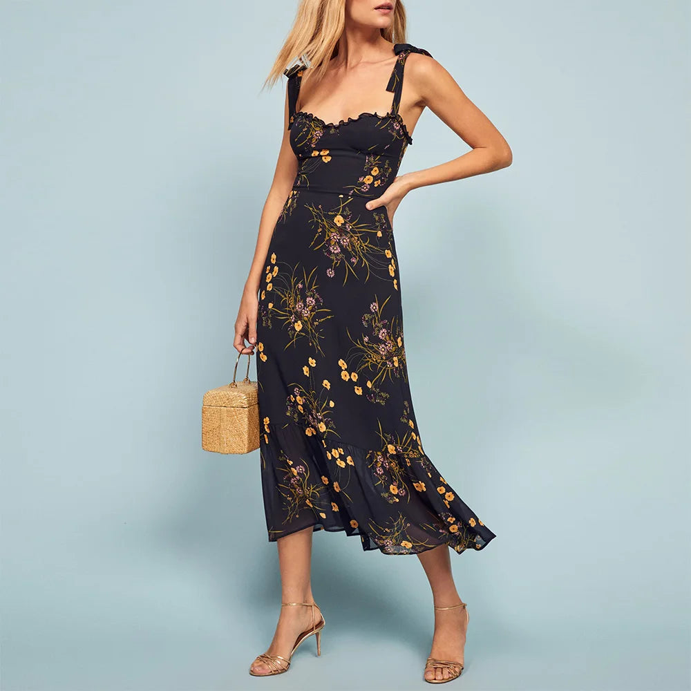 Dresses For Women 2021 Party Elegant Ruffle Hem Beach Summer Dress Sweetheart Neck Tie Strap Tropical Print Chiffon Midi Dress