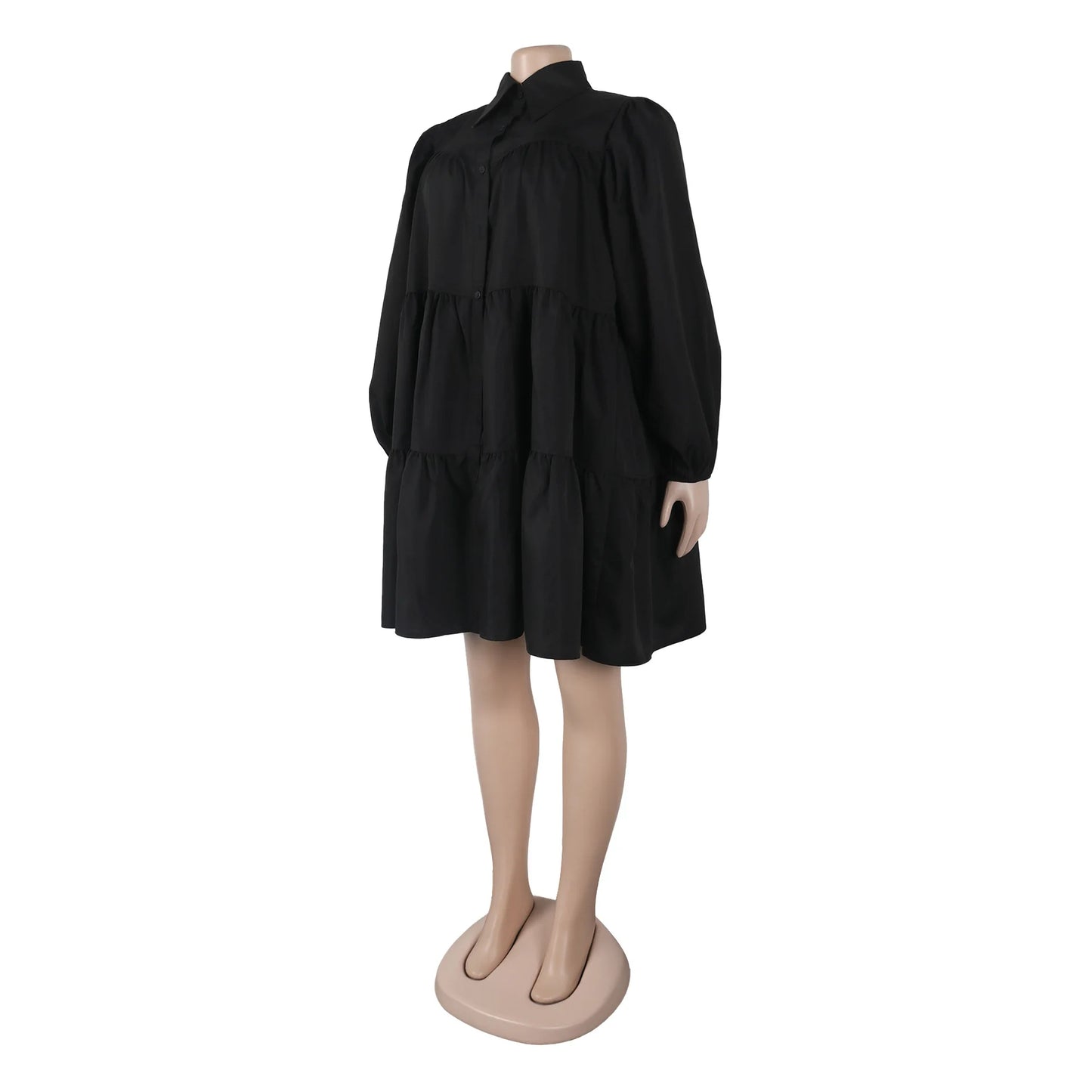 Summer 2025 Solid Color Pleated Turn-down Collar High-End Button Loose Hem Casual Midi Dresses Ladies Elegant Dresses