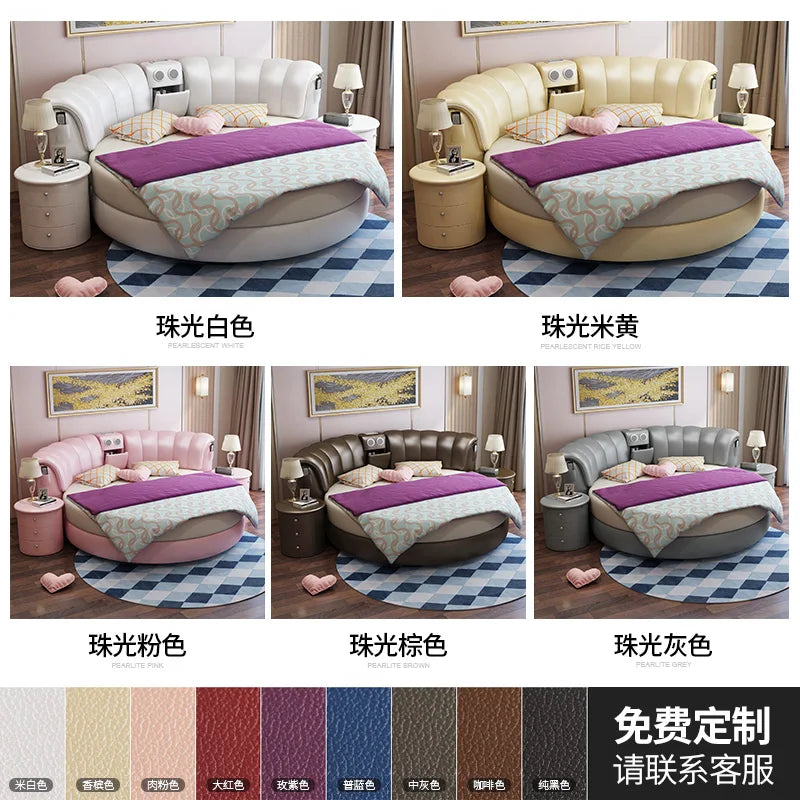 Smart bed frame camas bedroom set furniture кровать двуспальная lit beds round massage  genuine leather bed  + 2 night stands