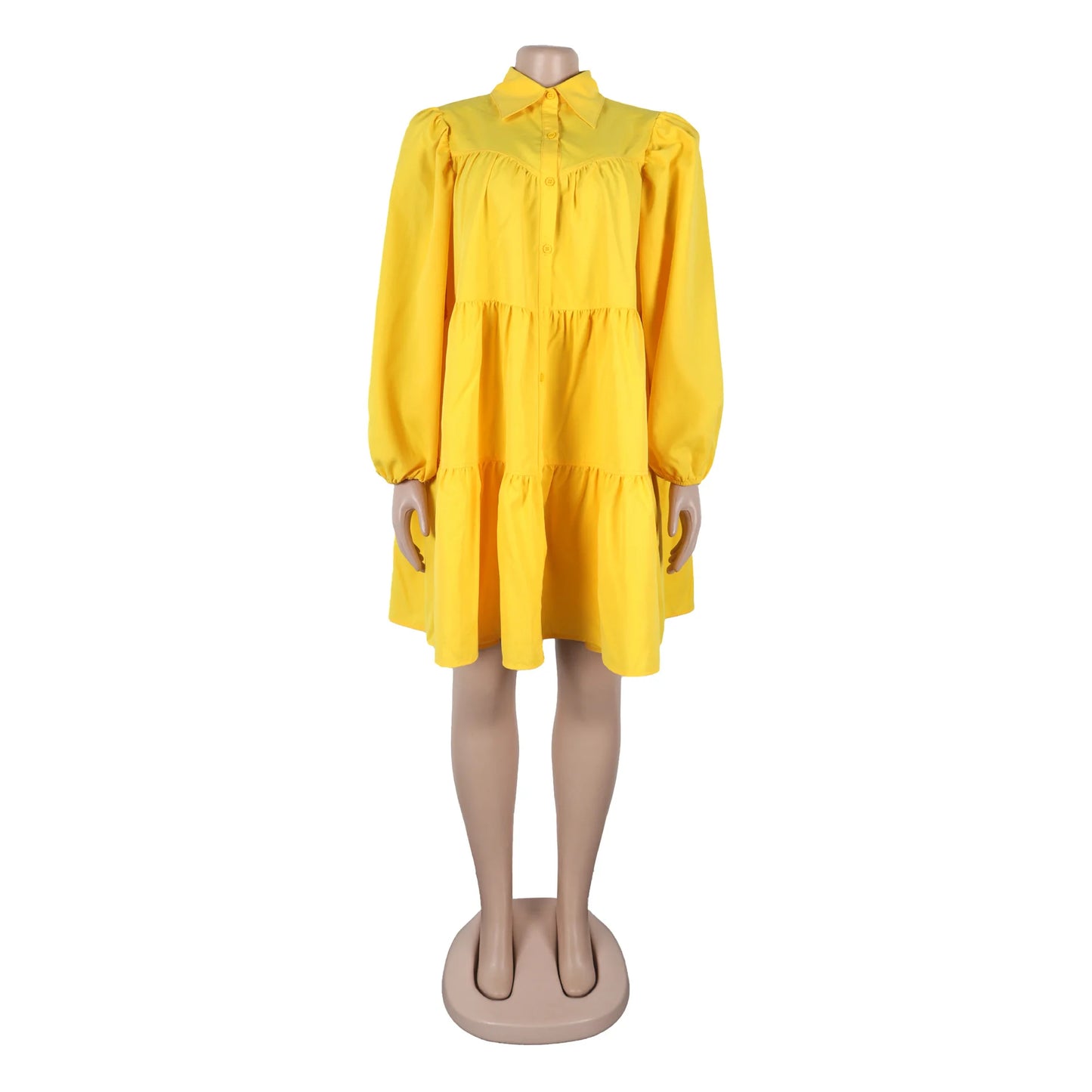 Summer 2025 Solid Color Pleated Turn-down Collar High-End Button Loose Hem Casual Midi Dresses Ladies Elegant Dresses