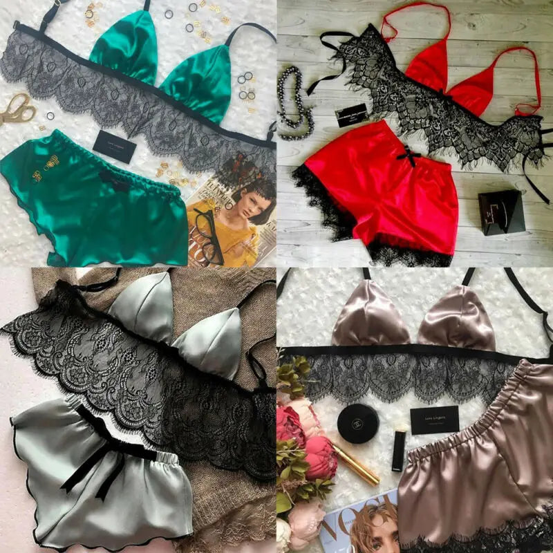 Women's Underwear Sexy Silk Satin Lingerie Pajamas Crop Tops Bralette&Panty Sets Soft Wear for Girls Tops Briefs Lace Suit