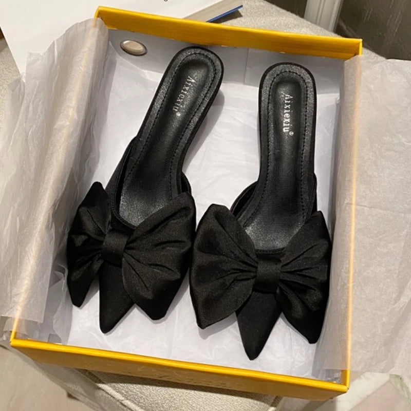 Hot Pink 2022 New Fashion Pointy Toe Silk Low Heels Sandal Women Slip on Mules