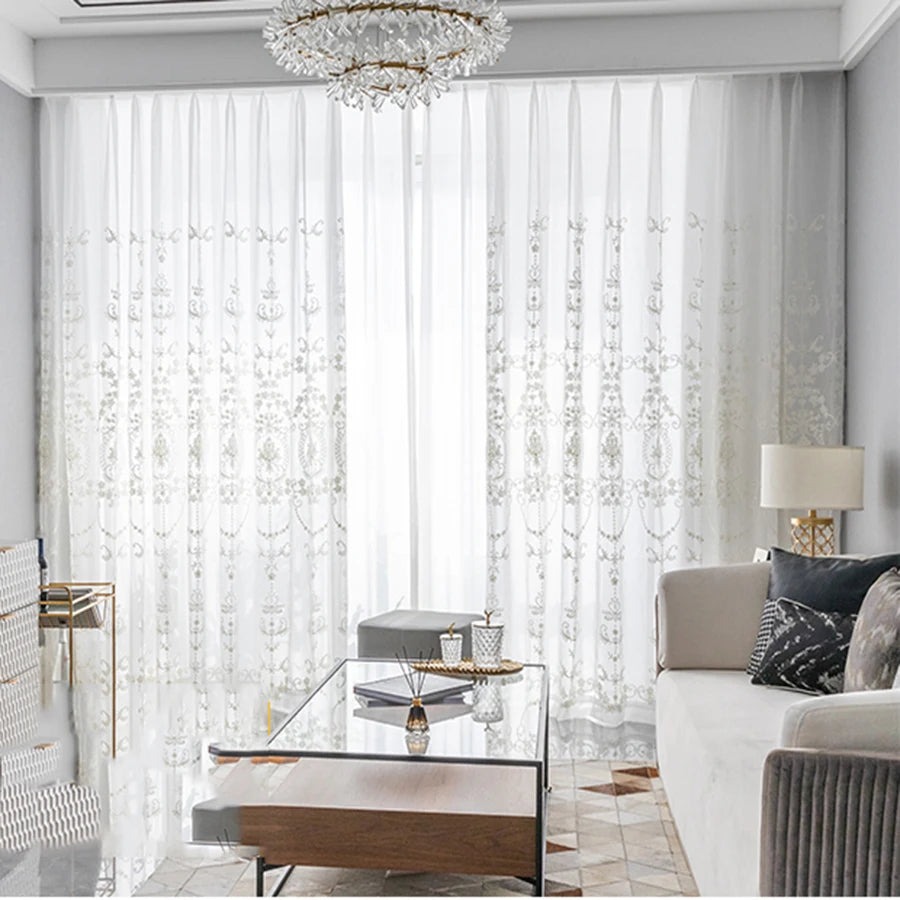 White Elegant Lxury Curtains, Tulle Contain Pearls Embroidery Beads Window Drapes ,Curtain Volie Sheer for Living Room Finished