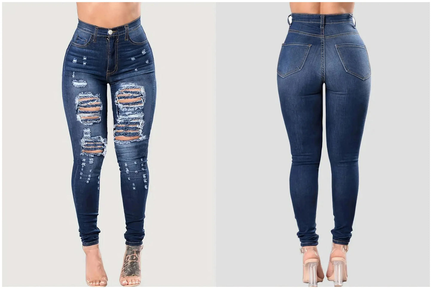 Women's Elegant Light Blue Ripped Skinny Jeans Long Legging Pencil Denim Pants with Casual Style Soft Stretchy Waist Logo