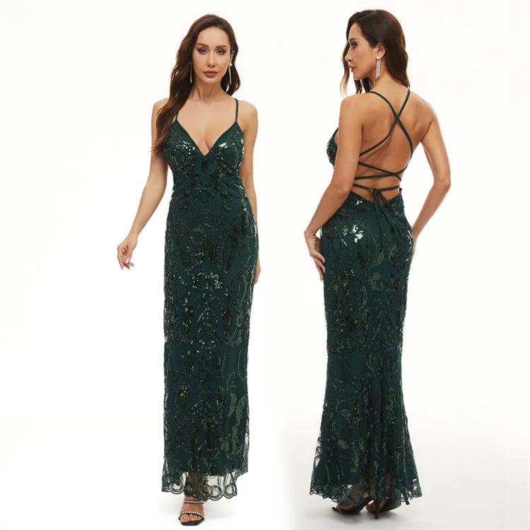 New Design Luxury Sleeveless Sexy Backless Hollow Out Halter Sequin Evening Dresses Ladies Prom Dresses Party Dress