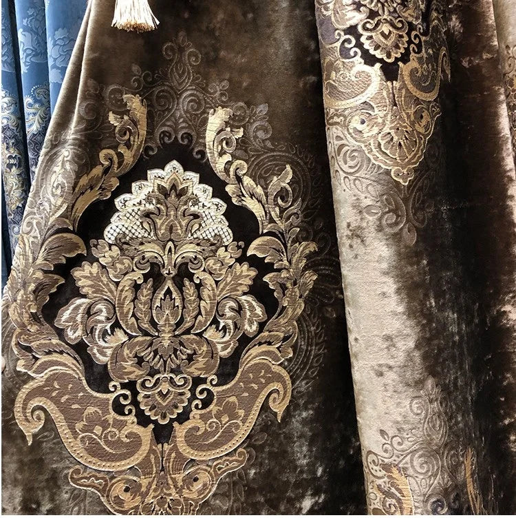 European Curtains for Living Room Dining Bedroom High Window Elegant Palace Luxury Print Velvet Curtain Carved Gold Curry Villa
