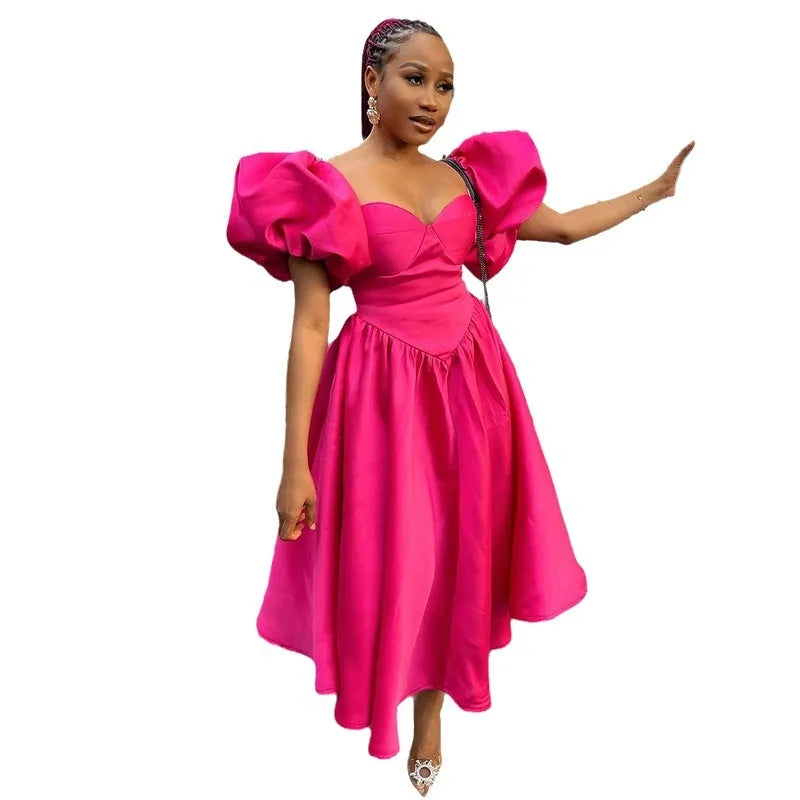 New Women's Clothing High Quality Women Casual Dresses Ladies Stylish Puff Sleeve Solid Waist Midi Dress
