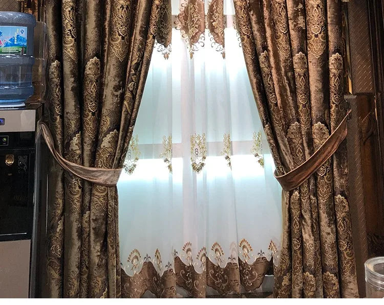 European Curtains for Living Room Dining Bedroom High Window Elegant Palace Luxury Print Velvet Curtain Carved Gold Curry Villa