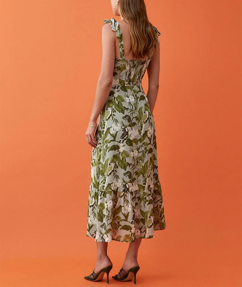 Dresses For Women 2021 Party Elegant Ruffle Hem Beach Summer Dress Sweetheart Neck Tie Strap Tropical Print Chiffon Midi Dress