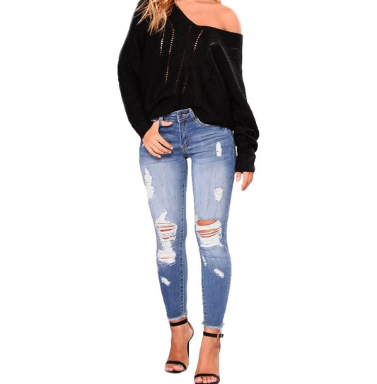 Women's Elegant Light Blue Ripped Skinny Jeans Long Legging Pencil Denim Pants with Casual Style Soft Stretchy Waist Logo