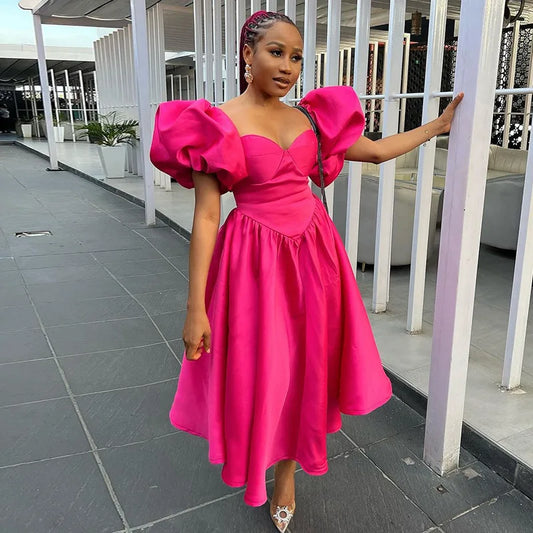 New Women's Clothing High Quality Women Casual Dresses Ladies Stylish Puff Sleeve Solid Waist Midi Dress