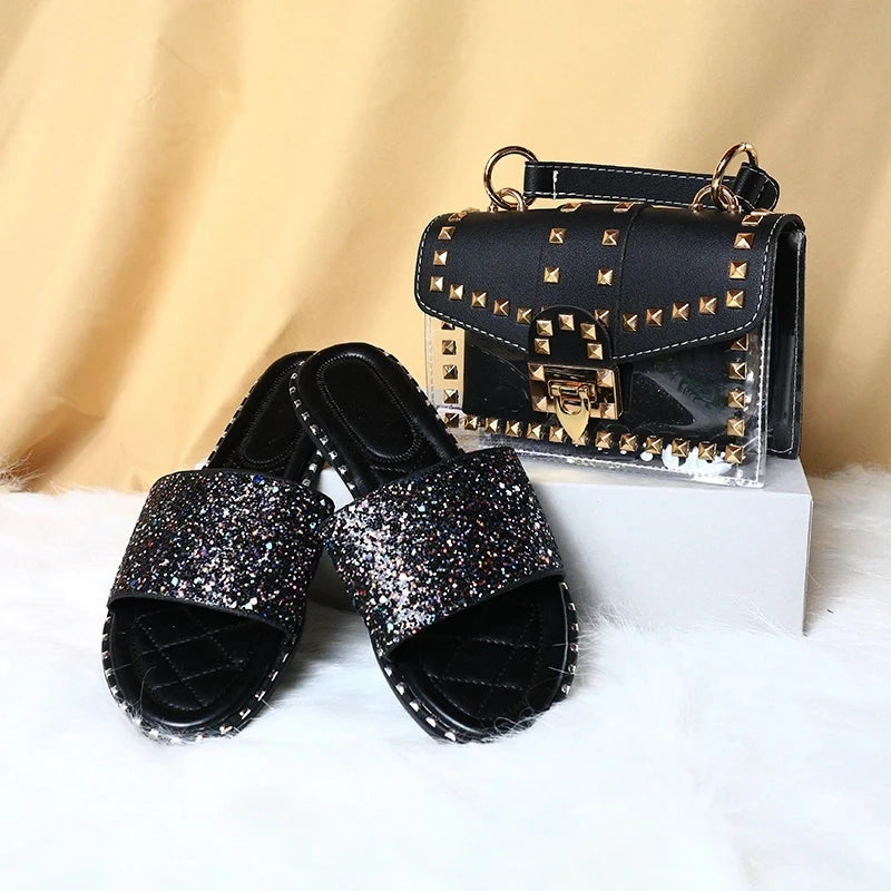 2021 Summer Ladies Elegant Clear Handbags and Sandal Women Fashion Matching Transparent Chain Rivet Purse and Shoe Slipper Set