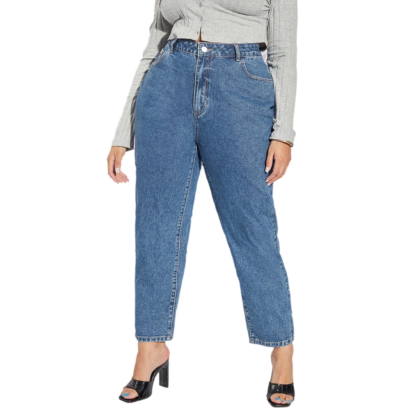 High Waist Plus Size Straight Dark Blue Full Length Jeans Pants for Women Mom Pencil Boyfriend Women's Denim Jeans Ladies Pants