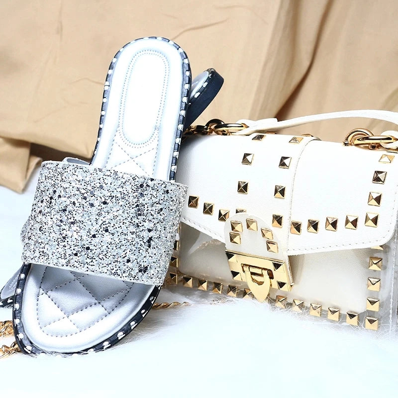 2021 Summer Ladies Elegant Clear Handbags and Sandal Women Fashion Matching Transparent Chain Rivet Purse and Shoe Slipper Set
