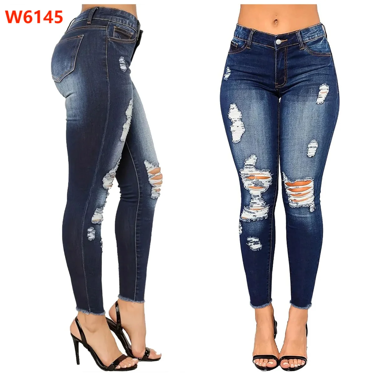 Women's Elegant Light Blue Ripped Skinny Jeans Long Legging Pencil Denim Pants with Casual Style Soft Stretchy Waist Logo