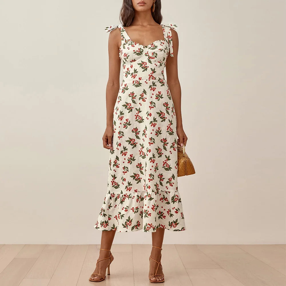Dresses For Women 2021 Party Elegant Ruffle Hem Beach Summer Dress Sweetheart Neck Tie Strap Tropical Print Chiffon Midi Dress