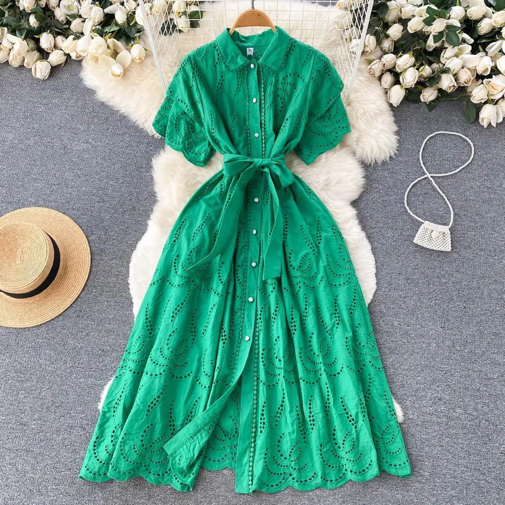 Simple Plain Turn Down Collar Short Sleeve Hollow Out Shirt Dress Women Summer Casual Tea Dresses Dresses Ladies