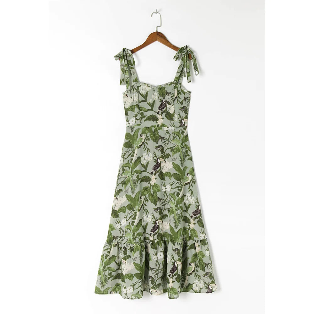 Dresses For Women 2021 Party Elegant Ruffle Hem Beach Summer Dress Sweetheart Neck Tie Strap Tropical Print Chiffon Midi Dress