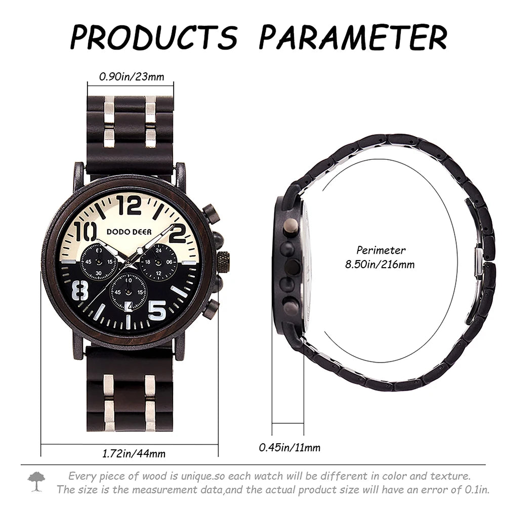 Black Sandal Wood Watch Quartz Chrono Men Wristwatch Multifunctional Stop Watch