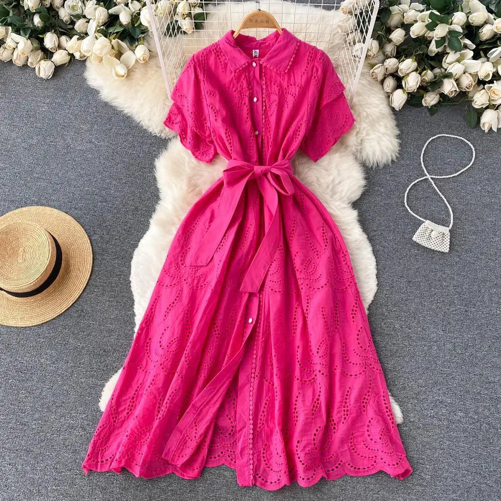Simple Plain Turn Down Collar Short Sleeve Hollow Out Shirt Dress Women Summer Casual Tea Dresses Dresses Ladies
