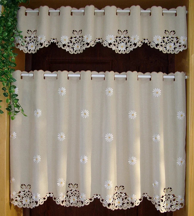 British Half-curtain Sunflower Embroidered Window Valance Hollow Hem Light Shading Blackout Curtain for Kitchen Cabinet Door