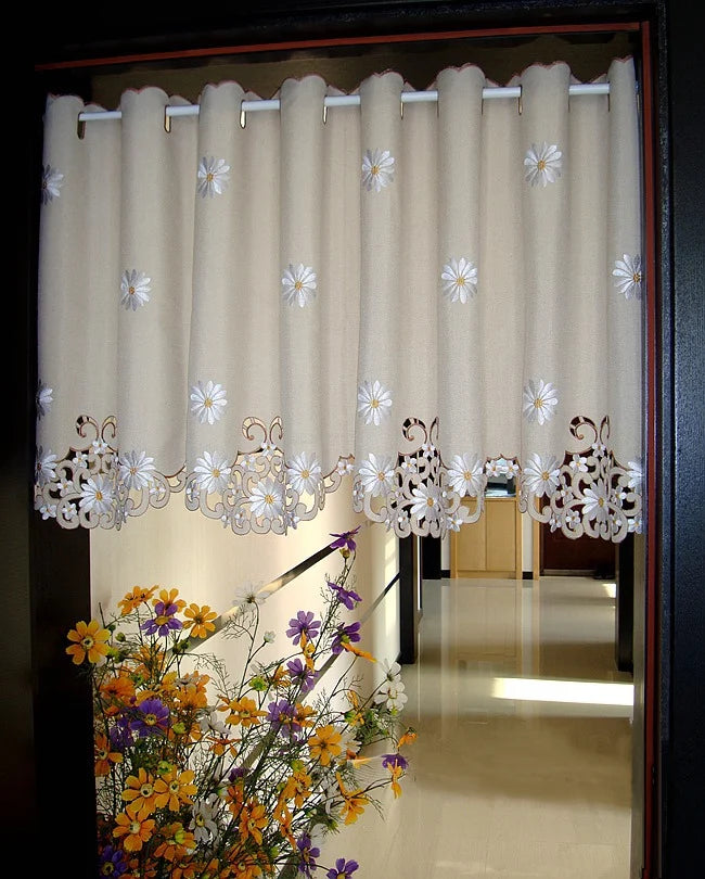 British Half-curtain Sunflower Embroidered Window Valance Hollow Hem Light Shading Blackout Curtain for Kitchen Cabinet Door