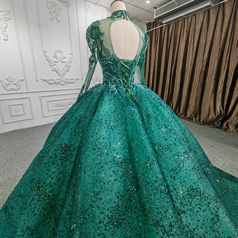 Jancember DY9940 Green High Full Sleeve Dinner Gown Evening Dresses Ladies