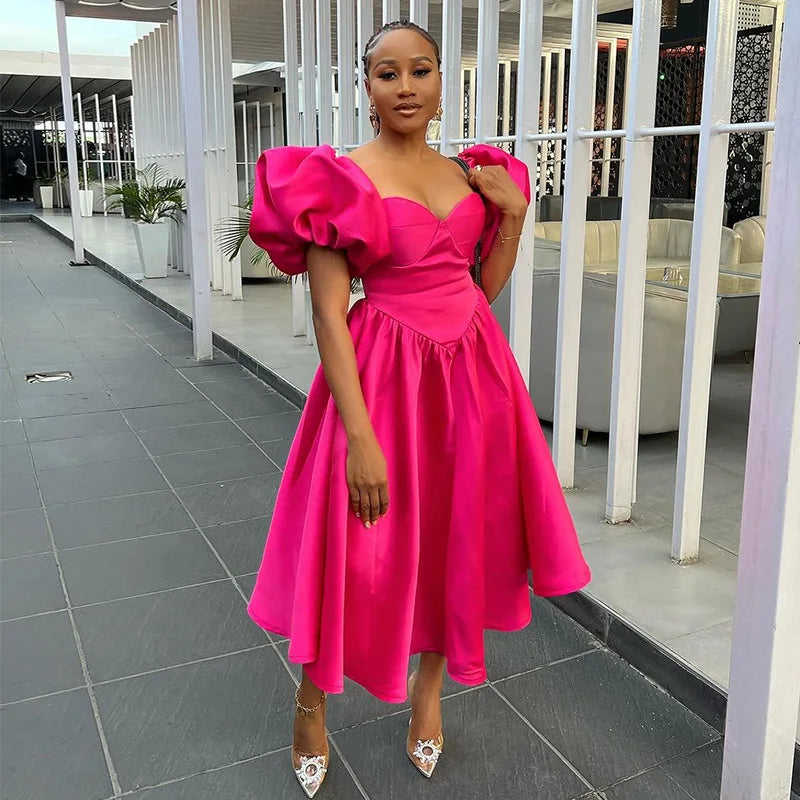 New Women's Clothing High Quality Women Casual Dresses Ladies Stylish Puff Sleeve Solid Waist Midi Dress