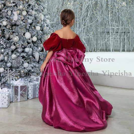 Christmas Party Dresses for Girls Customized Off Shoulder Princess Sleeves Ball Gown Bow Hi-lo Flower Girl Dress Pageant Gowns