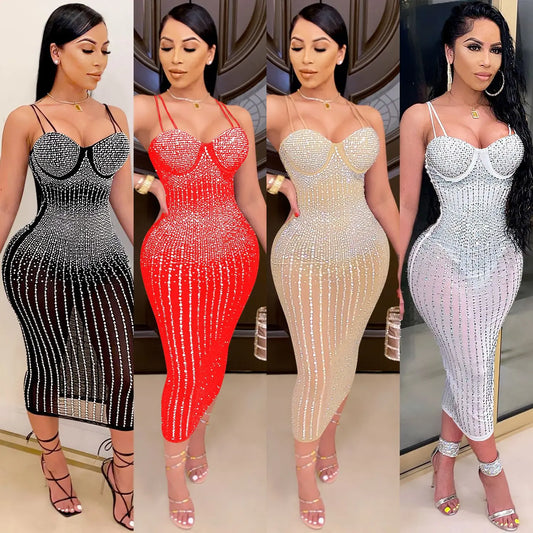 2024 Women Plus Size Mesh Patchwork Prom Party Dresses Ladies  Sleeveless Sequin Evening Dress