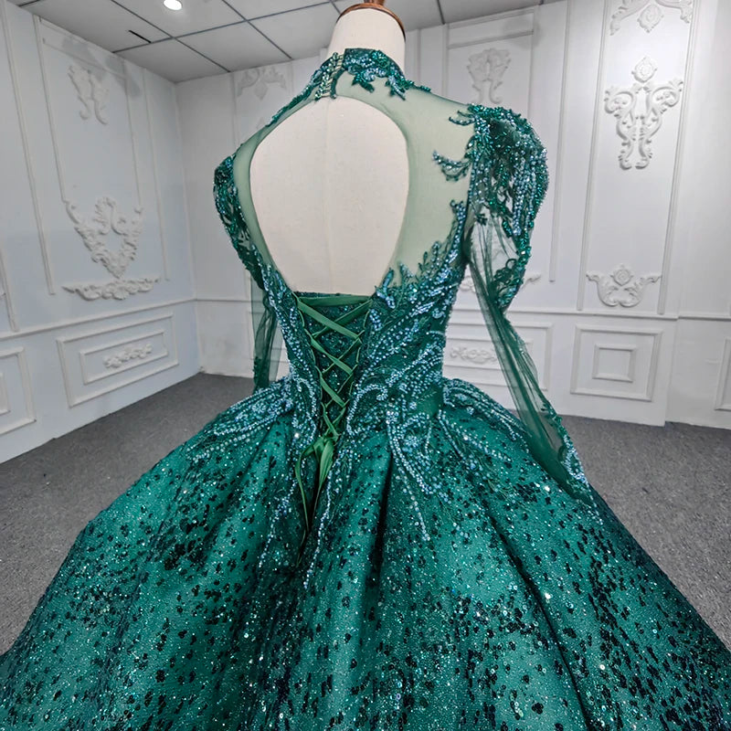 Jancember DY9940 Green High Full Sleeve Dinner Gown Evening Dresses Ladies